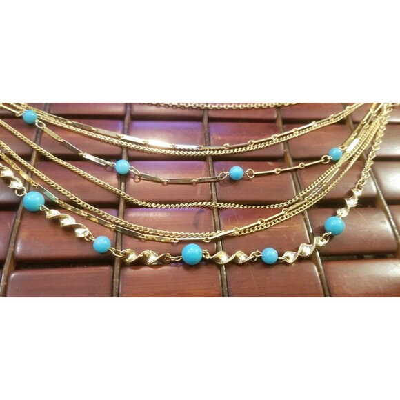 Vintage Eight Strand Gold Tone Necklace with Robins Egg Blue Beads 15"-18" - Picture 2 of 4